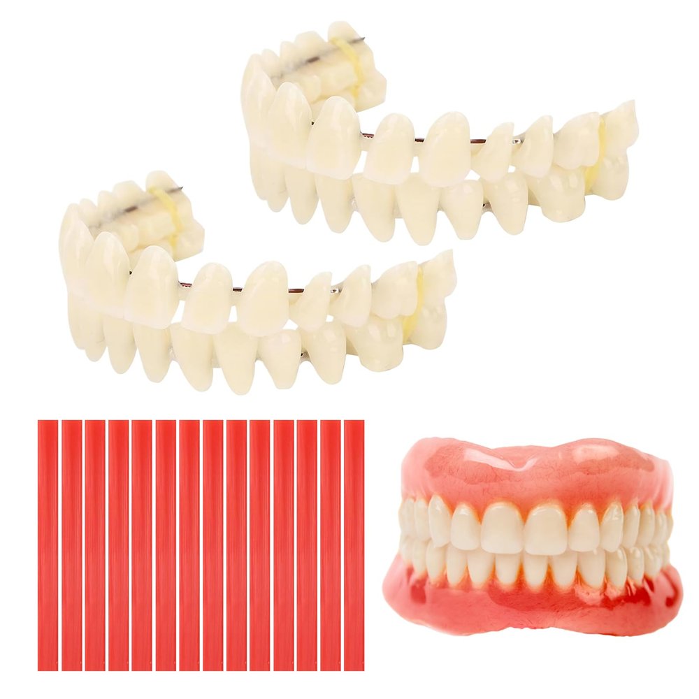 2 PCS Denture Repair Kit Moldable False Teeth Top and Bottom with 14PCS Red Wax Tablets DIY Resin Denture Kit for Men and Women with Bad Teeth to Repair Missing Teeth Teaching Mold