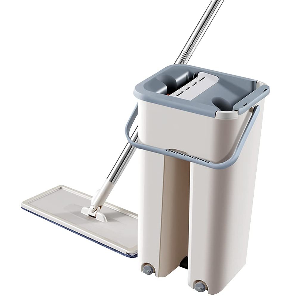 HOLIDYOYO Non Hand Washing Flat Mop with Bucket Abs Stainless Steel Cleaning Accessories Strong Adsorption Push Mop for Home Floor Corner Window Ceiling Cleaning Space-saving Household Tool
