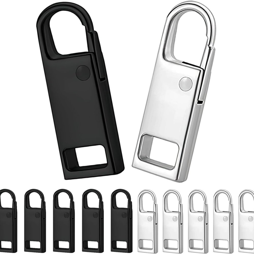 12 Pcs Metal Spare Zipper Pulls Replacement, Detachable Universal Zip Pull Tabs in Black & Silver, Zip Repair for Clothes Jeans Luggage Suitcases Bags Handbags DIY Crafts
