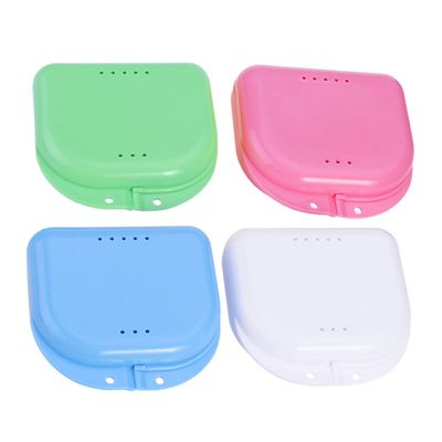 SOPOTUTU 4pcs Denture Storage Containers for Braces, Plastic Oral Care Boxes with Mirror, Easy to Clean Without Burrs, Storage Boxes for False Teeth and Orthodontic Use Random Color