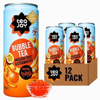 TeaJoy Bubble Tea Passionfruit & Strawberry Flavour (12 x 330ml) | Ready To Drink Boba Tea with Popping Boba Pearls & Real Fruit Juice | Eco-Friendly Straw | Vegan, Refreshing & Fun | Sip. Pop. Joy.