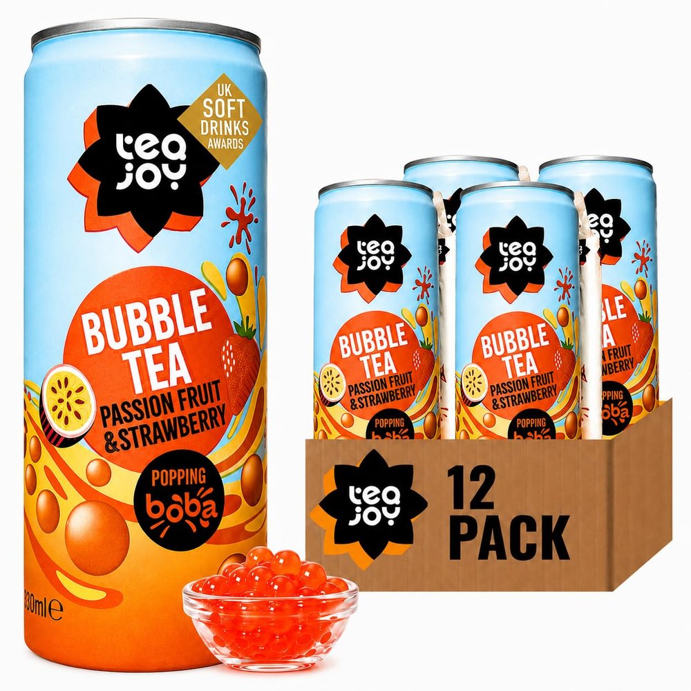 TeaJoy Bubble Tea Passionfruit & Strawberry Flavour (12 x 330ml) | Ready To Drink Boba Tea with Popping Boba Pearls & Real Fruit Juice | Eco-Friendly Straw | Vegan, Refreshing & Fun | Sip. Pop. Joy.