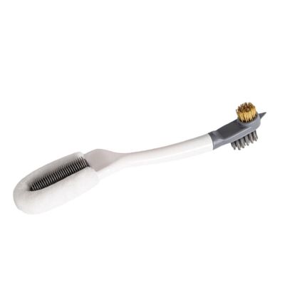 BIUDECO Multi-function Shoe Cleaning Brush with Three-sided Polishing Head and Curved Long Handle White Bristle Tool for Sneakers Boots Clothes Lightweight and Portable for Travel