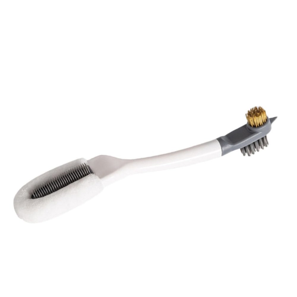 BIUDECO Multi-function Shoe Cleaning Brush with Three-sided Polishing Head and Curved Long Handle White Bristle Tool for Sneakers Boots Clothes Lightweight and Portable for Travel