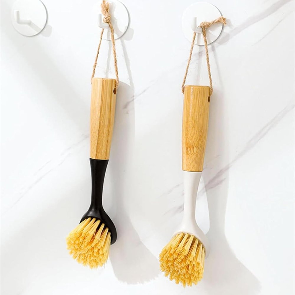 2 Pack Kitchen Dish Brush+1 Pair Reusable Rubber Gloves,Kitchen Cleaning Sets,Bamboo Handle Dish Scrubber Built-in Scraper, Scrub Brushes for Pans Pots Sink Dishwashing,Range Hood (White)