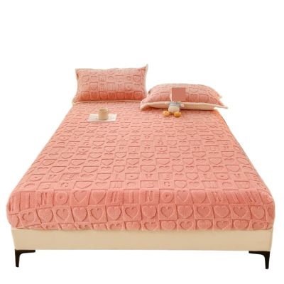 Mattress Protector Thick Fitted Sheet with Elastic Band Winter Velvet Bed Cover Plaid Style Bedsheets Warm Mattress Protector Solid Color(Pink,200x220x30cm)
