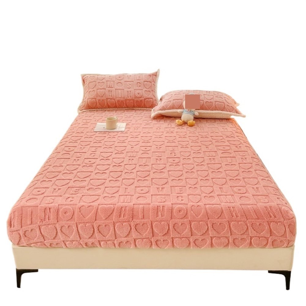 Mattress Protector Thick Fitted Sheet with Elastic Band Winter Velvet Bed Cover Plaid Style Bedsheets Warm Mattress Protector Solid Color(Pink,200x220x30cm)