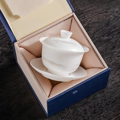 LEEDJUINE Mutton-fat Jade Ceramics Gaiwan Teacup with Gift Box, 185ml 6oz, White Porcelain Tea Set Heat-resistant