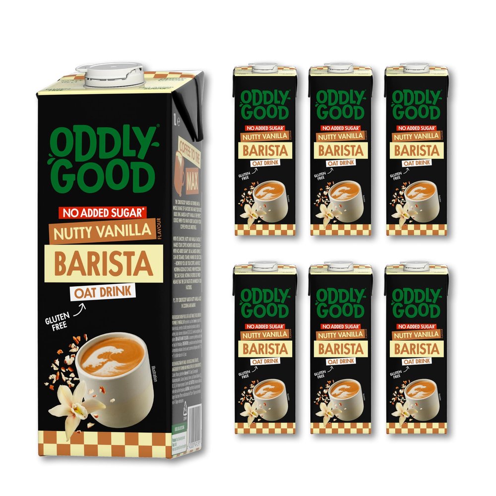 Oddlygood - Nutty Vanilla Barista Oat drink 1 Litre x 6, No Added Sugar, Gluten Free Oats, UHT Barista Oat Milk-Alternative Ideal for Coffee, Latte & Beverages, Perfect Milk Substitute
