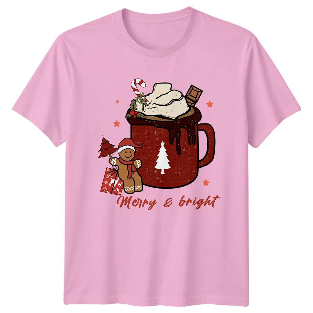 Sassy Souls Merry & Bright Hot Chocolate Christmas Gingerbread Man Mens Womens Graphic Tee Unisex Holiday Winter Drink Top L