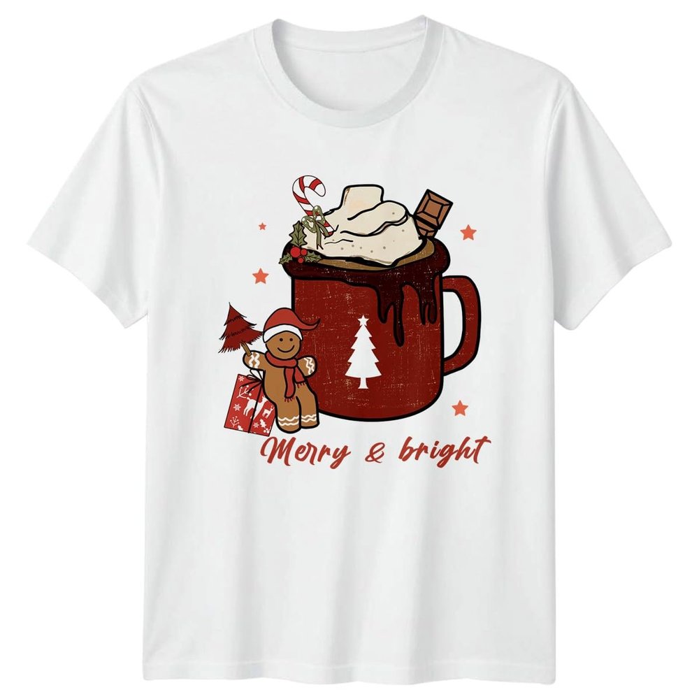 Sassy Souls Merry & Bright Hot Chocolate Christmas Gingerbread Man Mens Womens Graphic Tee Unisex Holiday Winter Drink Top M