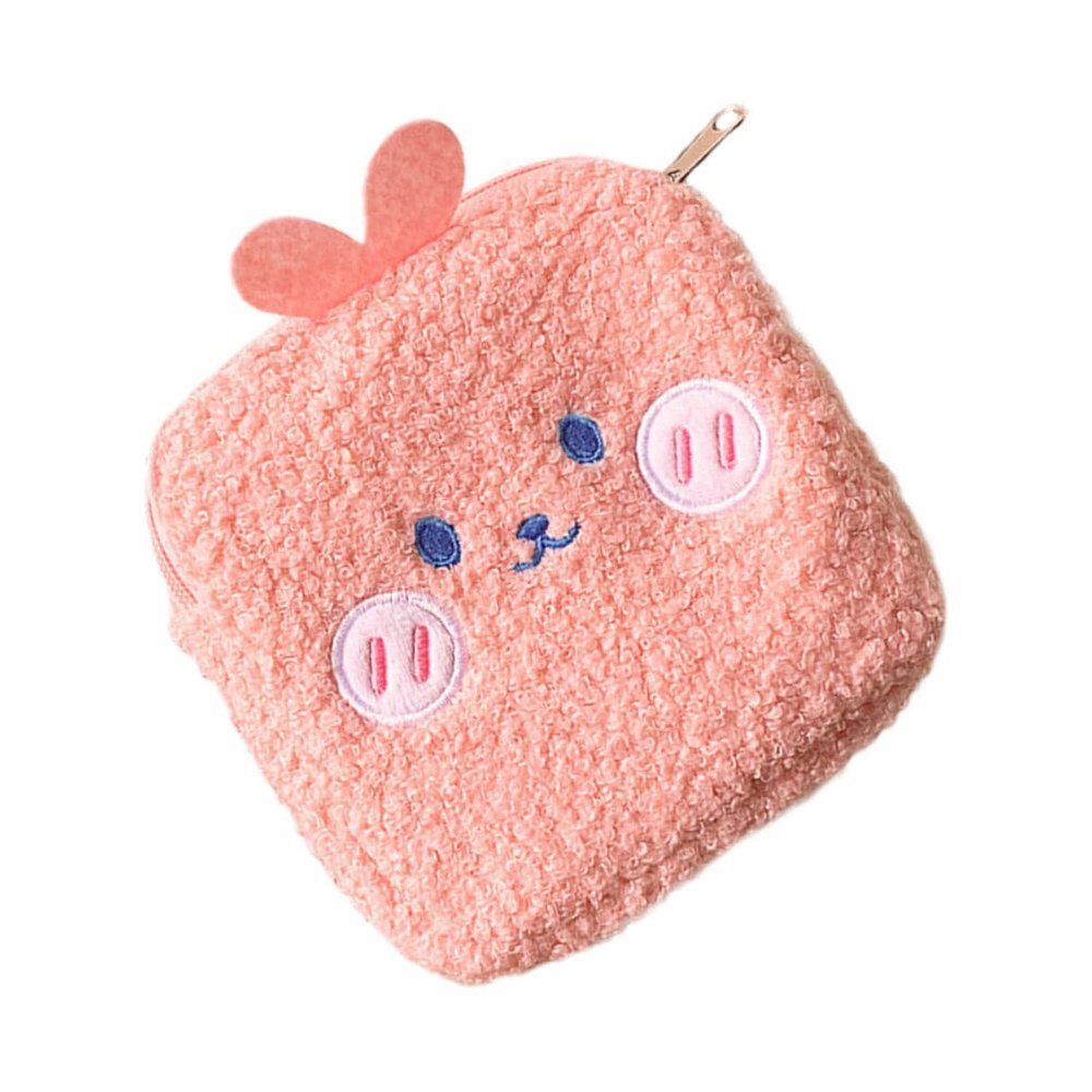 Abaodam Creative Portable Sanitary Pad Bag Plush Cartoon Mini Storage Pouch with Zipper for Women Travel Toiletry Organizer Pink Rabbit Design