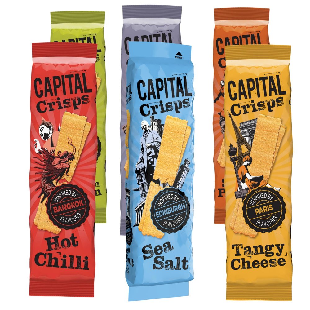 Capital Crisps World Tour 6 Pack Bundle | 6 x 75g Flat Crisps | Variety Snack Selection: Hot Chilli, Sour Cream & Onion, Salt & Vinegar, Smoky Paprika, Tangy Cheese, Sea Salt