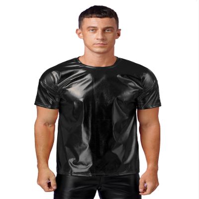 Aislor Men's Short Sleeves Holographic Shirts Round Neck Dance Vest Tank Top Tee T-Shirts Clubwear Black S