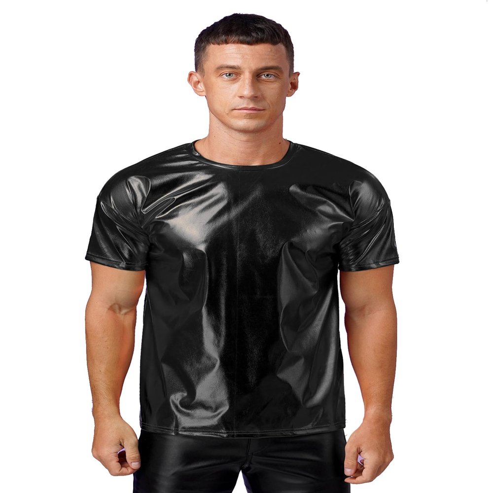Aislor Men's Short Sleeves Holographic Shirts Round Neck Dance Vest Tank Top Tee T-Shirts Clubwear Black S