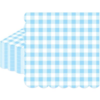 100 Pcs Blue Gingham Napkins Disposable - Blue and White Checkered Paper Napkins - Scalloped Plaid Dinner Napkins for Wedding Birthday Baby Shower Picnic Party Supplies