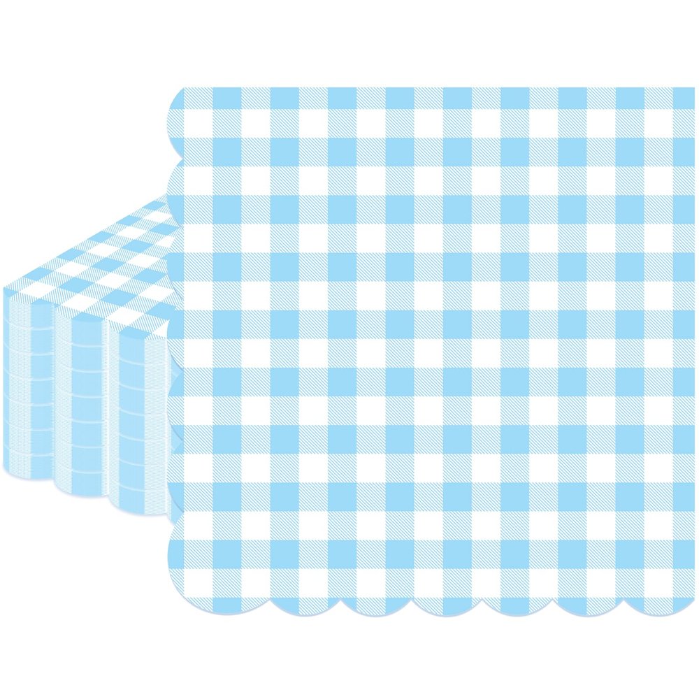 100 Pcs Blue Gingham Napkins Disposable - Blue and White Checkered Paper Napkins - Scalloped Plaid Dinner Napkins for Wedding Birthday Baby Shower Picnic Party Supplies