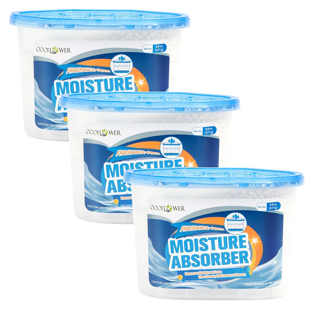 OOOFLOWER 3-Pack Moisture Absorber, 9.8 oz (277g), Traps Moisture & Humidity, Portable Dehumidifier for Closets, Bathrooms, Toilets, Study Rooms, RVs, Basements