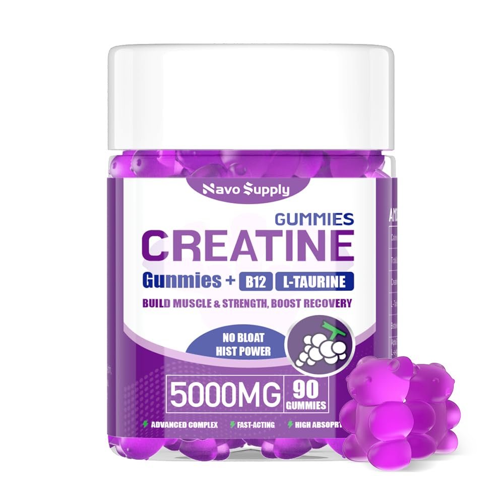 NavoSupply Creatine Monohydrate 5000mg Gummies - Sugar Free Muscle Support Supplement with Electrolytes & Vitamin D3 | Grapes Flavour Chewable Creatine for Athletes & Fitness