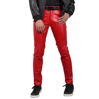DASONLUE Faux Leather Trousers Men's Skinny Plain PU Leather Trousers Stretch Leather Trousers with Fleece Lined Fashionable Nightclub Trousers Slim Fit Motorcycle Trousers Faux Leather Leggings, red