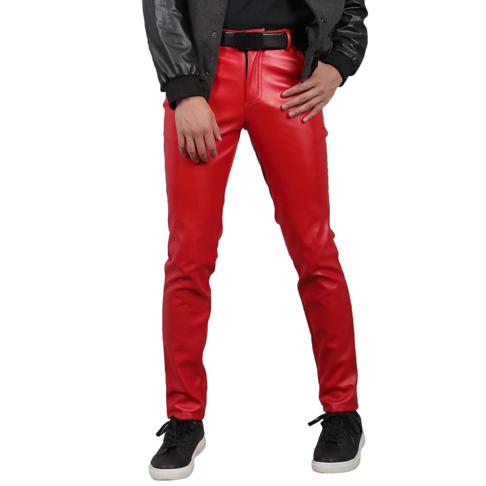 DASONLUE Faux Leather Trousers Men's Skinny Plain PU Leather Trousers Stretch Leather Trousers with Fleece Lined Fashionable Nightclub Trousers Slim Fit Motorcycle Trousers Faux Leather Leggings, red