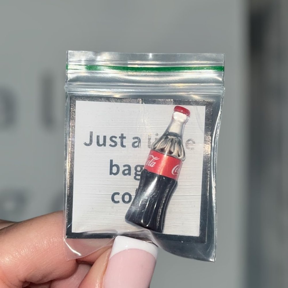 Funny Novelty Themed Gag Gift, Clear Plastic Bag with Bottle Design, Humorous Party Favor, Just a Little Bag of Coke Text