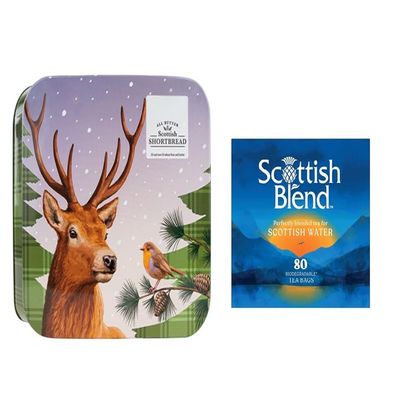 Best of Scottish Gift Set, Traditional Shortbread Tin with Highland Stag Design, 500g Assorted Cookies, 80 Tea Bags, Perfect Scottish Treats Collection