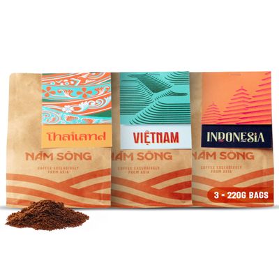 Nam Song Asian Experience Ground Coffee Gift Set Taster Featuring Vietnam, Thailand & Indonesia Origins Coffee Gift Set for Him & For Her, 3 x 220g Bags