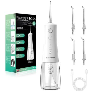 BarberBoss Advanced Water Flosser, 5 Pressure Modes and 340ml Large Tank, IPX8 Waterproof Oral Irrigator, 4 Jet Tips & Travel Lock, Water Flosser for Teeth & Gums, Portable Flosser QR-7104 (White)