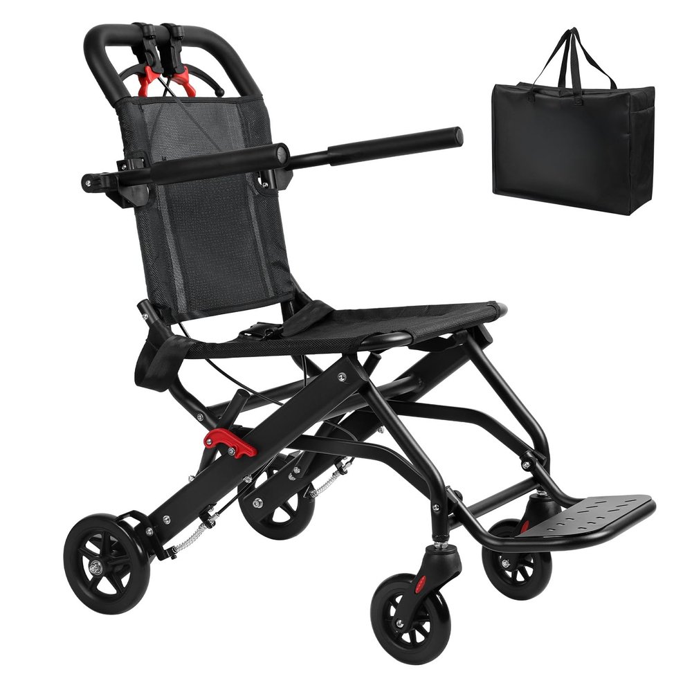 13Lbs Ultra Lightweight Wheelchair for Adults,Foldable Aluminum Transport Chair,Supports 286Lbs,Features Flip-Up Armrests & Locking Brakes,Ideal for Air Travel, Hospital Visits,and Everyday Use Black