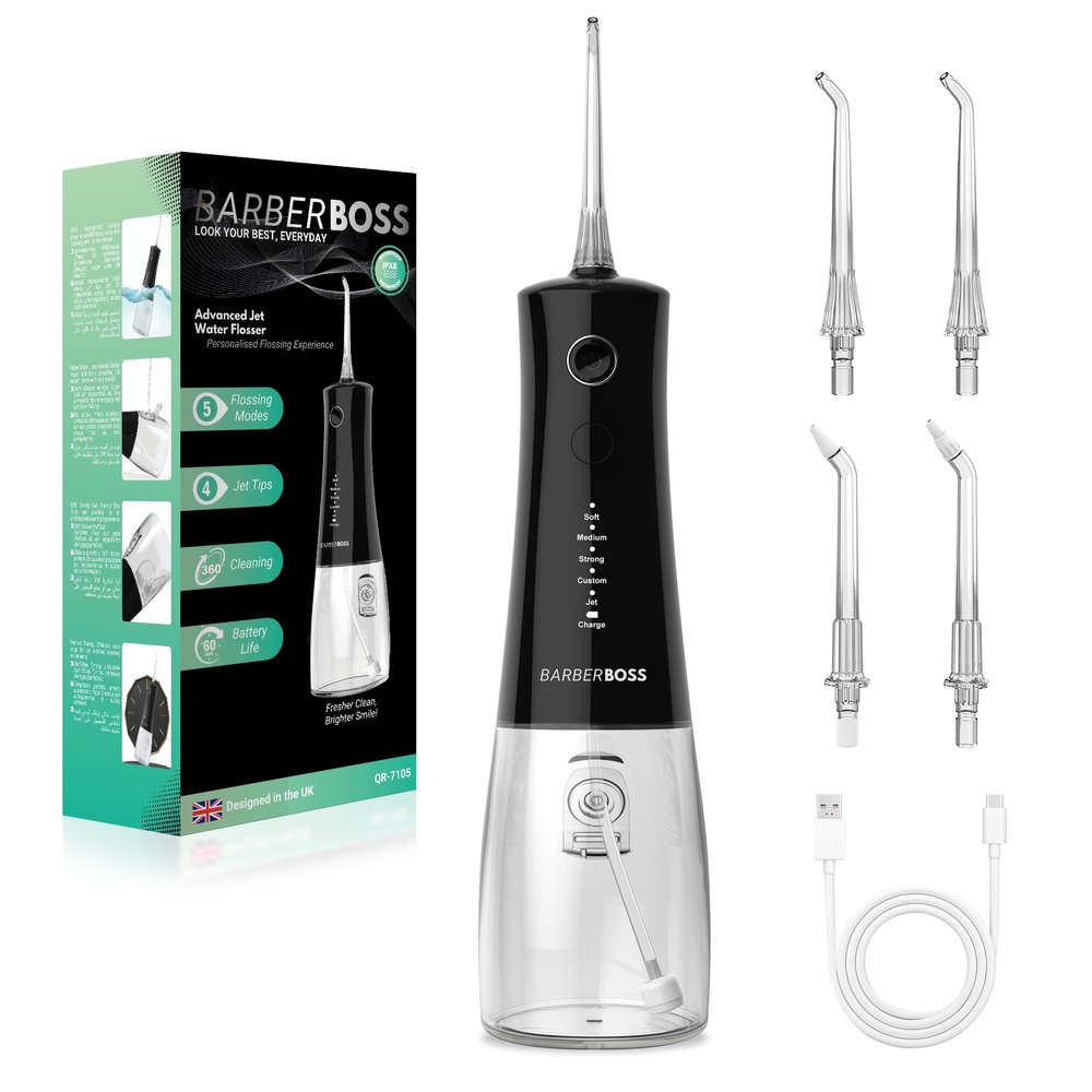 BarberBoss Cordless Water Flosser, Oral Irrigator with 4 Jet Tips and 5 Pressure Modes, Professional Teeth & Gum Cleaner, 340 ml Water Tank and IPX8 Waterproof, QR-7105 (Black)