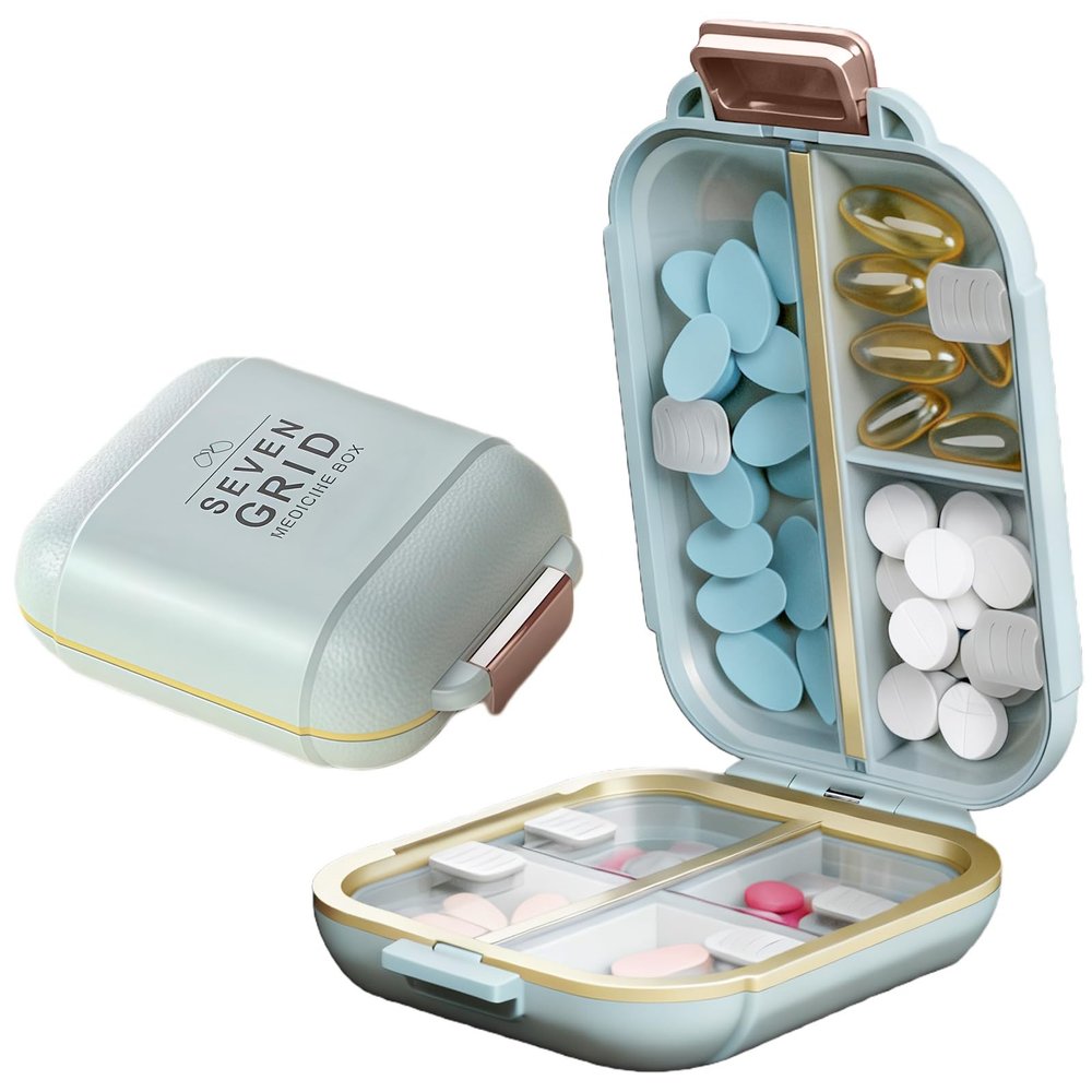 Travel Pill Box Organizer, 7-Day Portable Pill Case, Small BPA-Free Plastic Medication Holder for Vitamins & Supplements, Compact Weekly Medicine Box (Green)