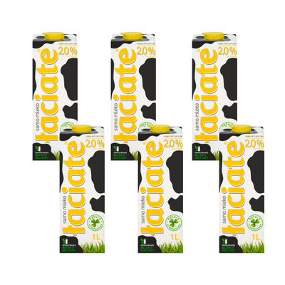 Laciate UHT Milk 1L 2.0% Fat - Long Life - Ambient - Calcium, Protein, Vitamins, Minerals - (Pack of 6)