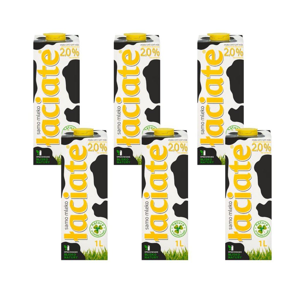 Laciate UHT Milk 1L 2.0% Fat - Long Life - Ambient - Calcium, Protein, Vitamins, Minerals - (Pack of 6)