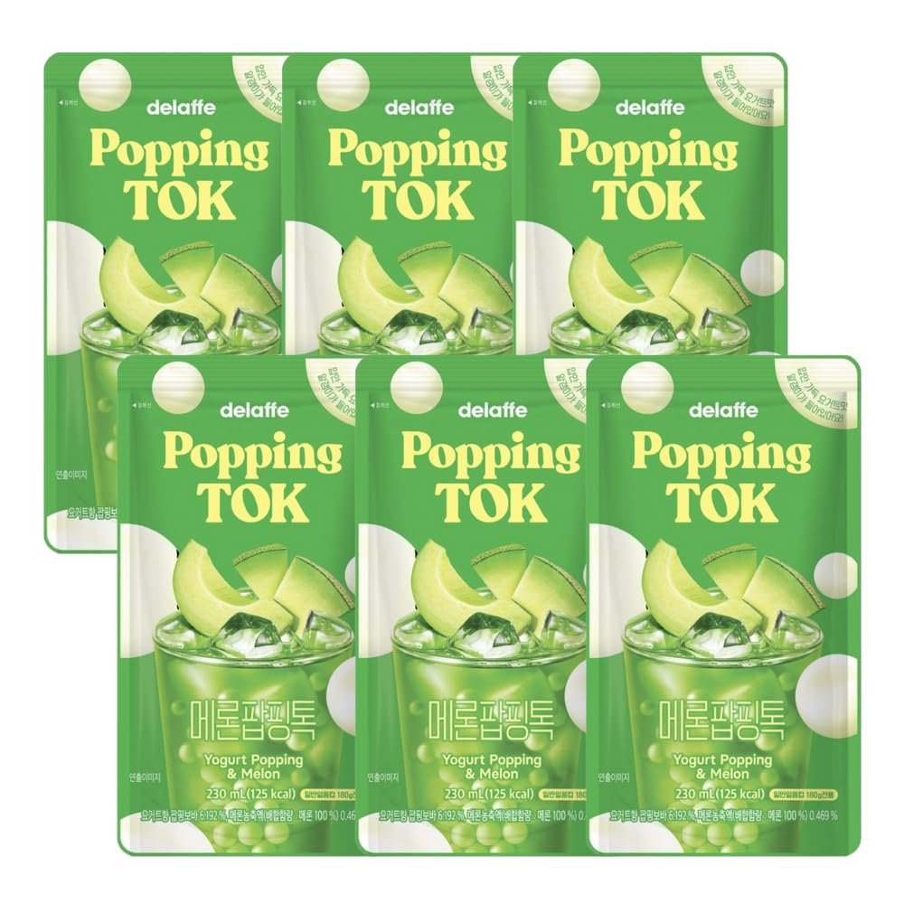 Melon Sparkling Drink with Yogurt Popping Boba 230ml (Pack of 6) Korean Pouch Beverage, Refreshing Fizzy Melon Flavour with Chewy Yogurt Boba, Fun and Fruity Drink to Enjoy Chilled