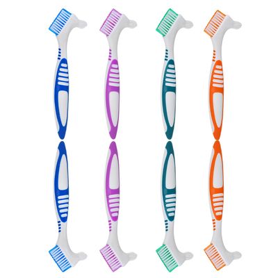 ifundom 8pcs Dual-Headed Denture Brush with Ergonomic Grip Firm Nylon Bristles for Deep Cleaning False Teeth Braces and Mouth Guards Portable Oral Cleaning Tool for Elderly Go Use