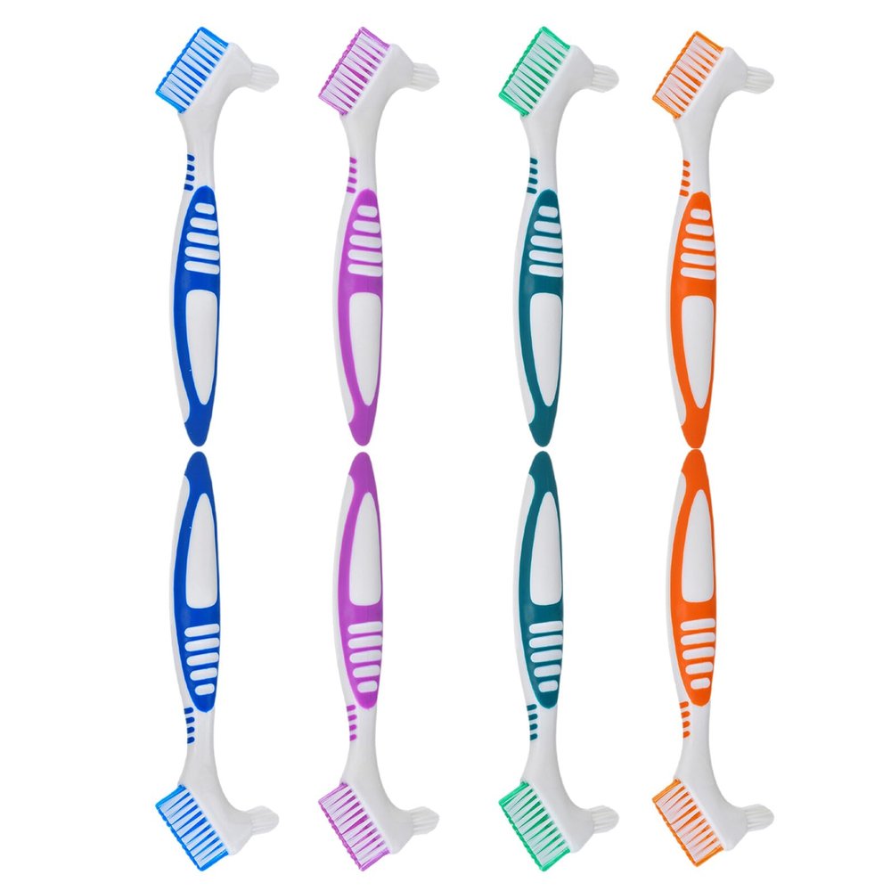 ifundom 8pcs Dual-Headed Denture Brush with Ergonomic Grip Firm Nylon Bristles for Deep Cleaning False Teeth Braces and Mouth Guards Portable Oral Cleaning Tool for Elderly Go Use