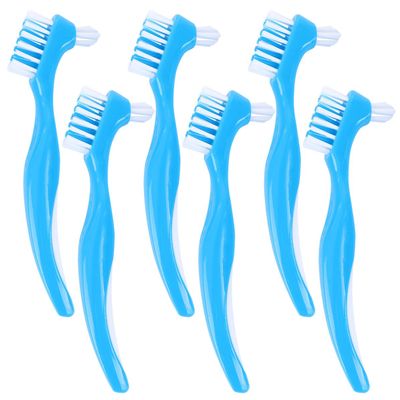 BELLIFFY 6Pcs Double Head False Teeth Brush with Non-Slip Handle and Soft Bristles for Gentle Denture Cleaning at Home, Blue Plastic Dental Care Toothbrush for Retainers