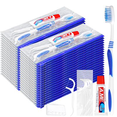 50 Pcs Toothbrushes with Toothpaste Kit, Travel Kit with Plastic Zip Bag, Toothbrush Head Cover, Floss Pick, 25 Gram Toothpaste, Bulk Toothbrush for Homeless, Travel, Hotel