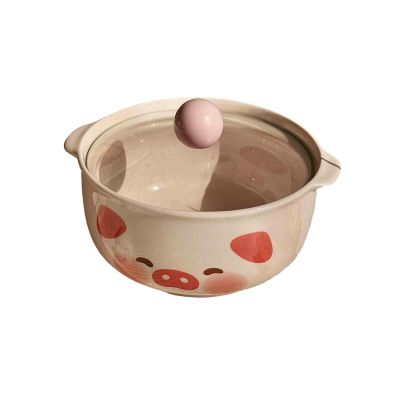 Ceramic Ear Covered Cute Instant Noodles Bowl Home Exquisite High Temperature Resistant-Powder Piggy (Covered)