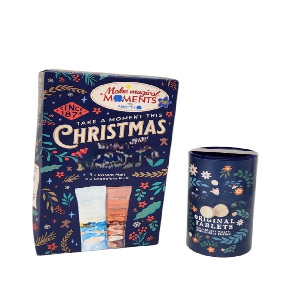Festive Malt Drink and Chewy Tablet Gift Set Instant Malt Sachets Chocolate Malt Sachets and Original Malt Chews Winter Warming Beverage Treat Selection Box
