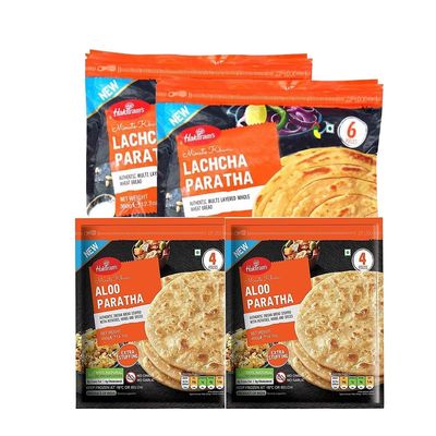Haldiram-'S Lacha Paratha 360g and Aloo Paratha 400g Combo Delicious Ready to Eat Indian Flatbread Soft Flaky and Flavorful Parathas Authentic Indian Taste Each Pack of 2 (Total Pack of 4)