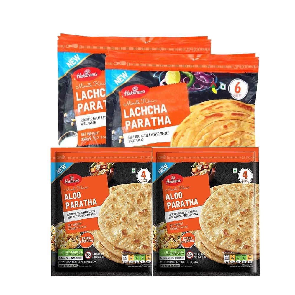 Haldiram-'S Lacha Paratha 360g and Aloo Paratha 400g Combo Delicious Ready to Eat Indian Flatbread Soft Flaky and Flavorful Parathas Authentic Indian Taste Each Pack of 2 (Total Pack of 4)