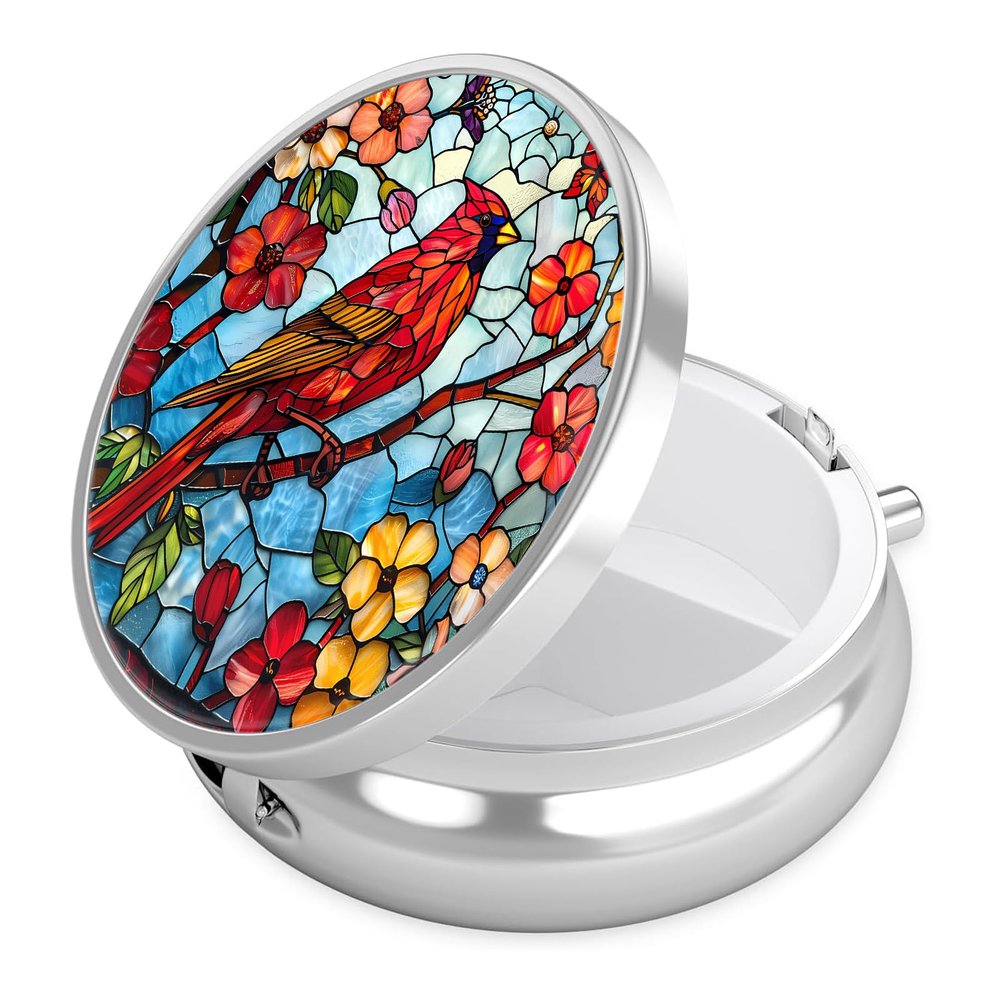 Red Cardinal Flower Pill Case, Bird Pill Box 3 Compartments Metal Small Pill Holder with Mirror Mini Travel Pill Container for Purse Pocket Women Men