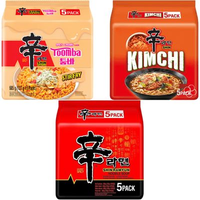 Nong shim Shin Ramyun Korean Noodles Variety Pack of 3 Flavours (15 Packs Total) Super Spicy, Toomba Creamy Stir-Fry & Kimchi Ramen Instant Korean Ramen Noodles Multipack for Quick Meals & Snacks