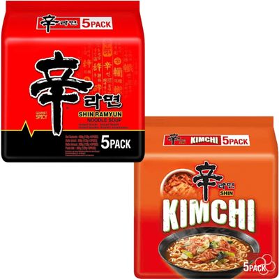 Nongshim Shin Ramyun Korean Noodles Variety Pack of 2 Flavours (10 Packs Total) Super Spicy and Kimchi Ramen Instant Korean Ramen Noodle Multipack for Quick Meals & Snacks