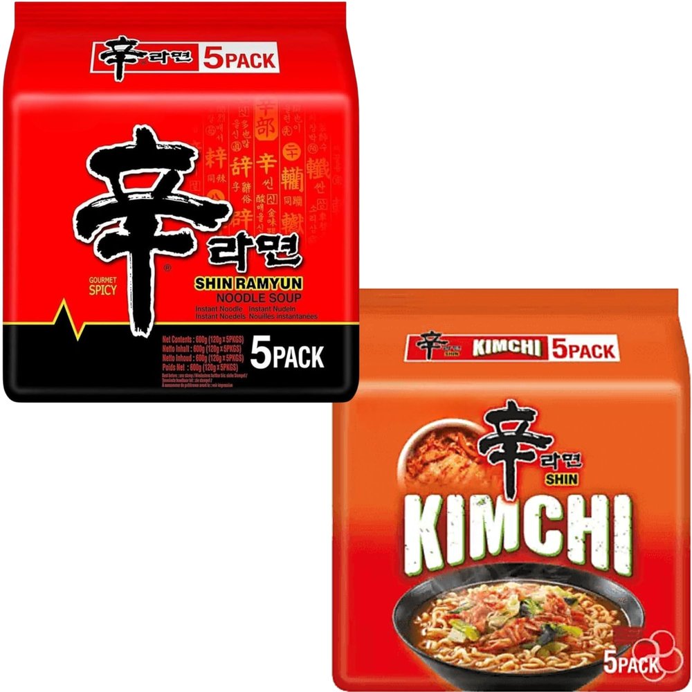 Nongshim Shin Ramyun Korean Noodles Variety Pack of 2 Flavours (10 Packs Total) Super Spicy and Kimchi Ramen Instant Korean Ramen Noodle Multipack for Quick Meals & Snacks