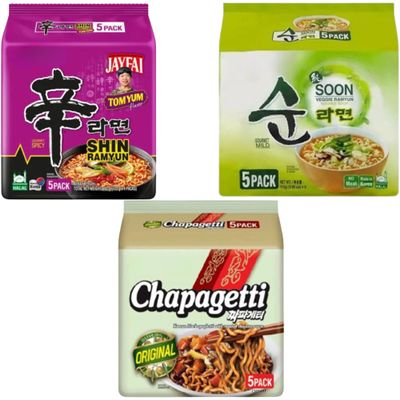 Nongshim Korean Noodles Variety Pack of 3 Flavours (15 Packs Total) Shin Ramyun Spicy, Soon Veggie, and Chapaghetti Black Bean Ramen Instant Korean Ramen Noodle Multipack for Quick Meals & Snacks