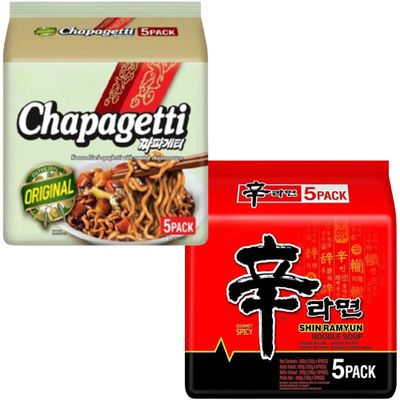 Nong shim Korean Noodles Variety Pack of 2 Flavours (10 Packs Total) Shin Ramyun Spicy & Chapagetti Black Bean Ramen Instant Korean Ramen Noodle Multipack for Quick Meals & Snacks