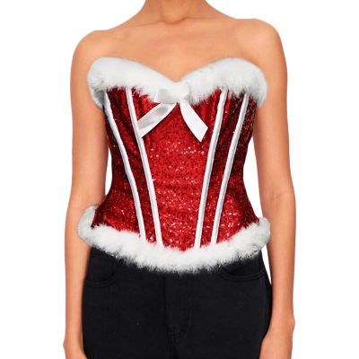 Eghunooye Christmas Corset Tops for Women Sleeveless Fur Trim Lingerie Bustier Sexy Santa Claus Cosplay Outfit (Red, XL)